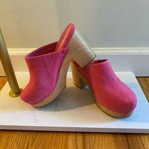 Charlotte Stone hot pink suede clogs 4 inch heel